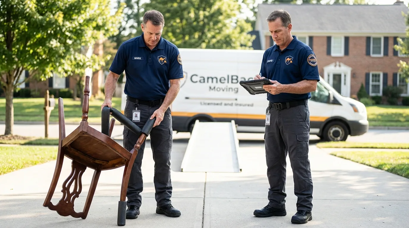 Movers inspecting furniture for damage prevention before loading in Eagar, AZ